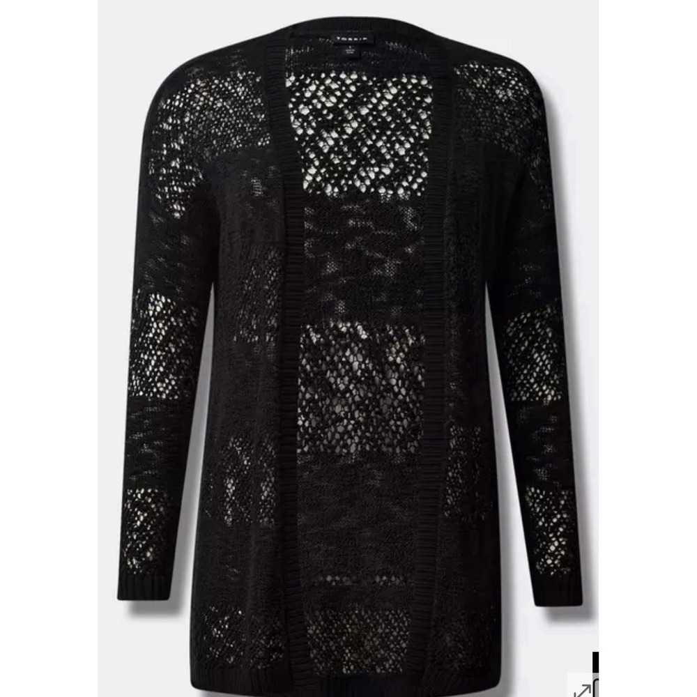 Torrid Open Knit Cardigan Size 1 Black Lightweight Long Sleeve Boho Duster 1X